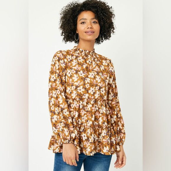 Hayden Los Angeles Puff Sleeve Tie Neck Tiered Tunic Women's Tops Blouse(Size L) - Picture 2 of 11